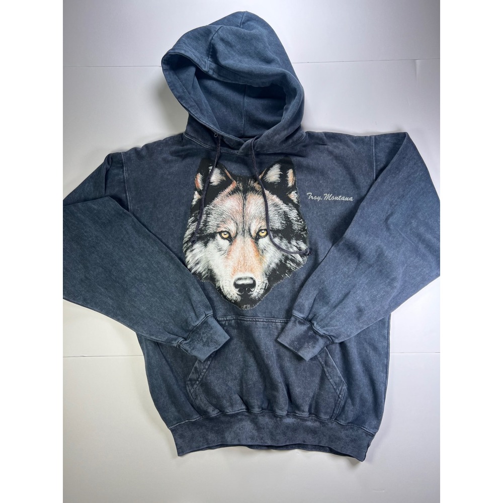 US Vintage Hoodie Men Medium Blue Wolf Graphic Troy Montana Acid Wash Sweatshirt